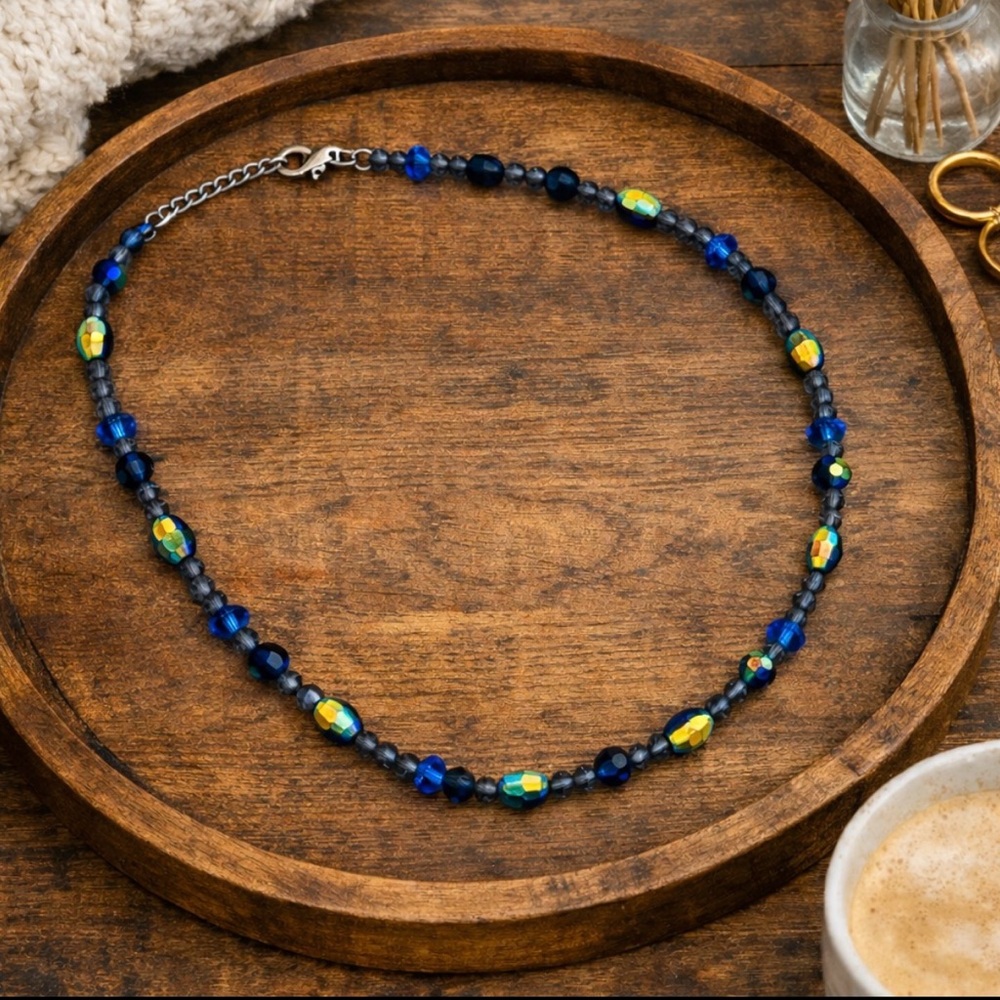 Vintage Blue Glass Beaded Necklace w/ Silver-Tone Lobster Clasp & Extender
